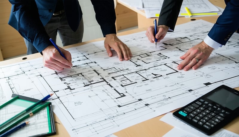 Twin Cedar Consulting team collaborating on a construction project with blueprints and digital tools.