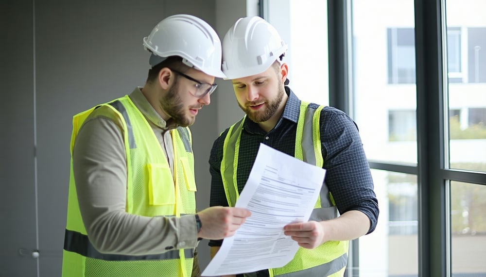 Construction consultant discussing plans with small business owner